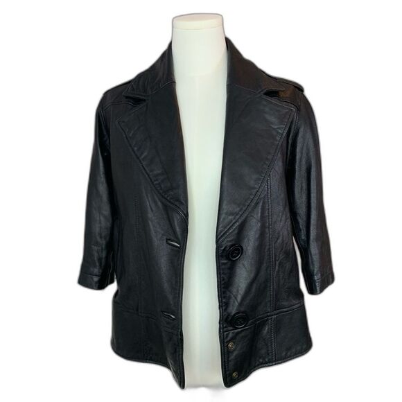 Mike & Chris Black Leather Jacket 3/4 Sleeve Wide Lapel Cropped Moto Size S - Picture 6 of 15